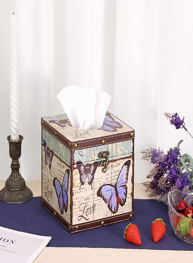 Hoowen Vintage Tissue Box Cover, Wood Square Tissue Box Holder, Decorative Butterflies Design Faux Leather Tissue Holders for Table Bathroom Living Room Kitchen Office Car Home Decor, Bluish Purple - Image 2